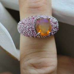 Natural Ethiopian Fire Opal and Pink Sapphire Halo Ring