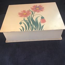 Vintage Pastel Pink Floral Hand Painted Metal Jewelry Box With Mirror
