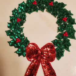 Vintage Sequin Christmas Wreath Applique Wreath 9"x7"