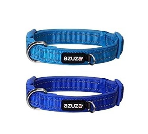azuza 2 Pack Durable Padded Dog Collars with Reflective Strip Extra Safe and Comfy Pet Collars for Medium Dogs, Royal Blue/Blue