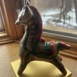 Vintage Painted Folk Art Mexico Horse Pony Donkey Coin Bank Ceramic Pottery Boho