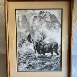 Vintage Wood Framed “Morning Mist Moose” Print By Bill O’Neill