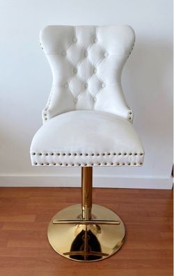 Set of 2 White Velvet Adjustable Barstools – Gold Swivel Base & Trim