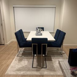 Modern White Dining Set With Blue Velvet Chairs 