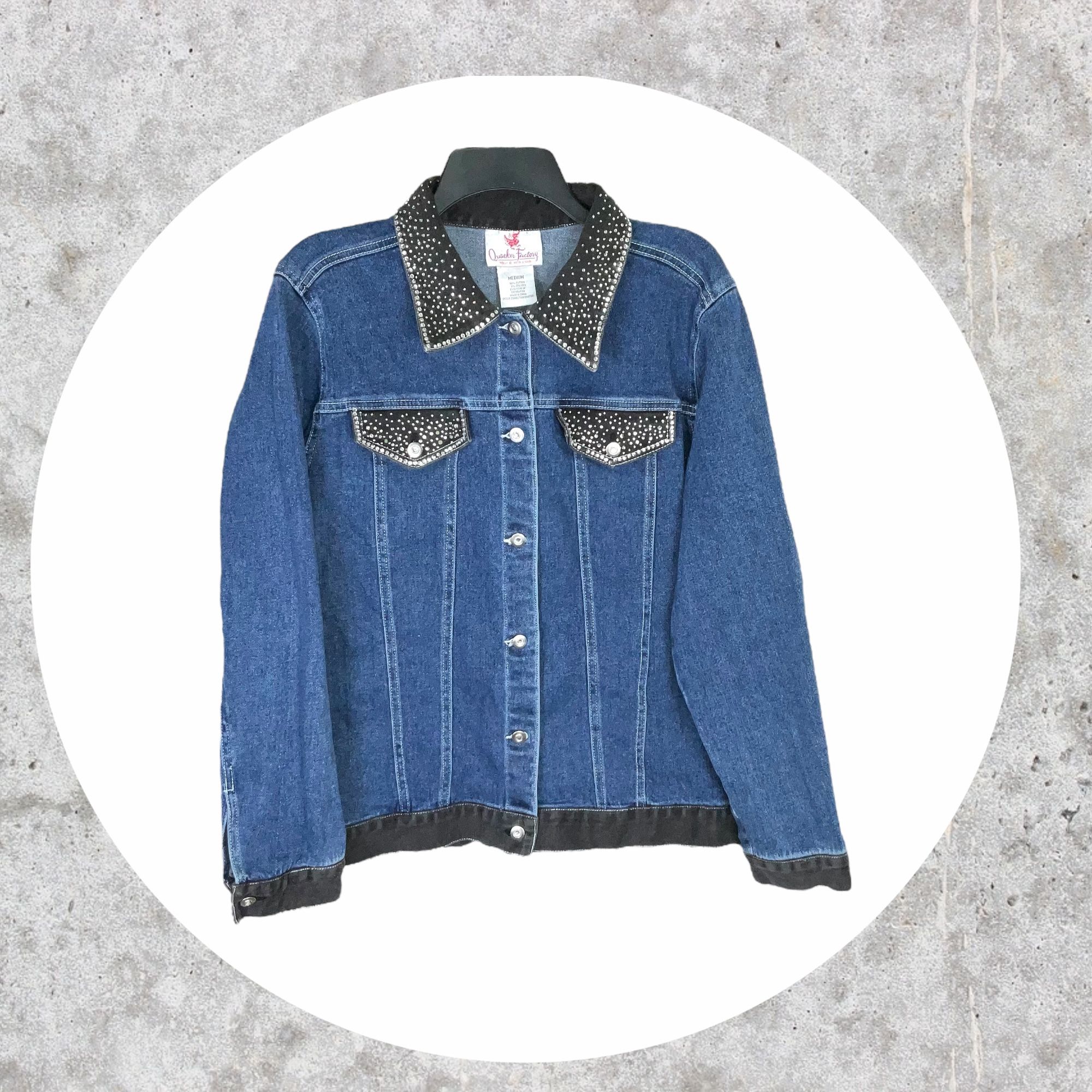 Quacker Factory Vintage Denim Jean Jacket Blue w Black Trim & Bling Gems Women Sz Medium