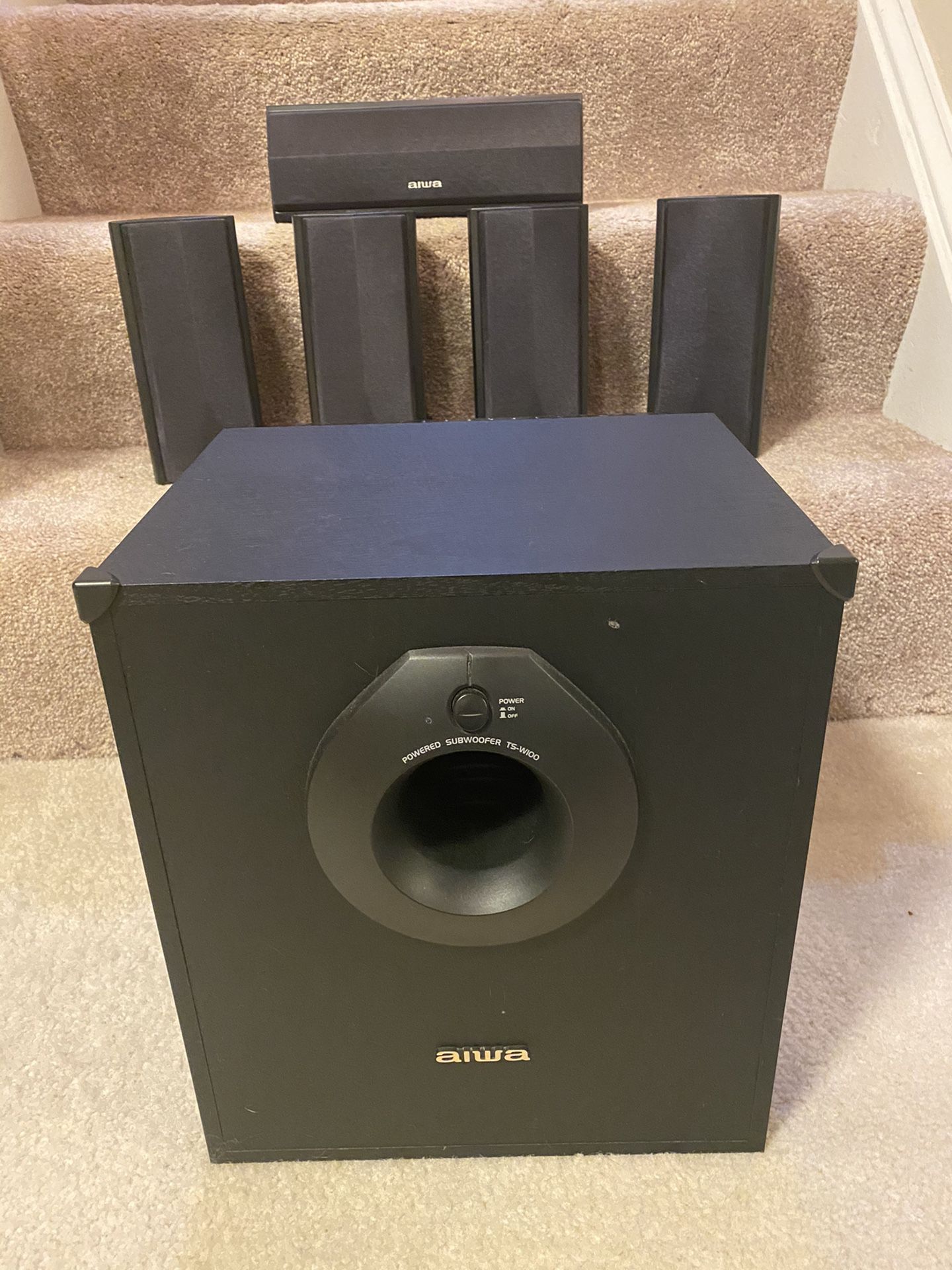 “Pristine Condition” (5) Aiwa Surround Sound Speakers and (1) Powered Subwoofer TS-W100