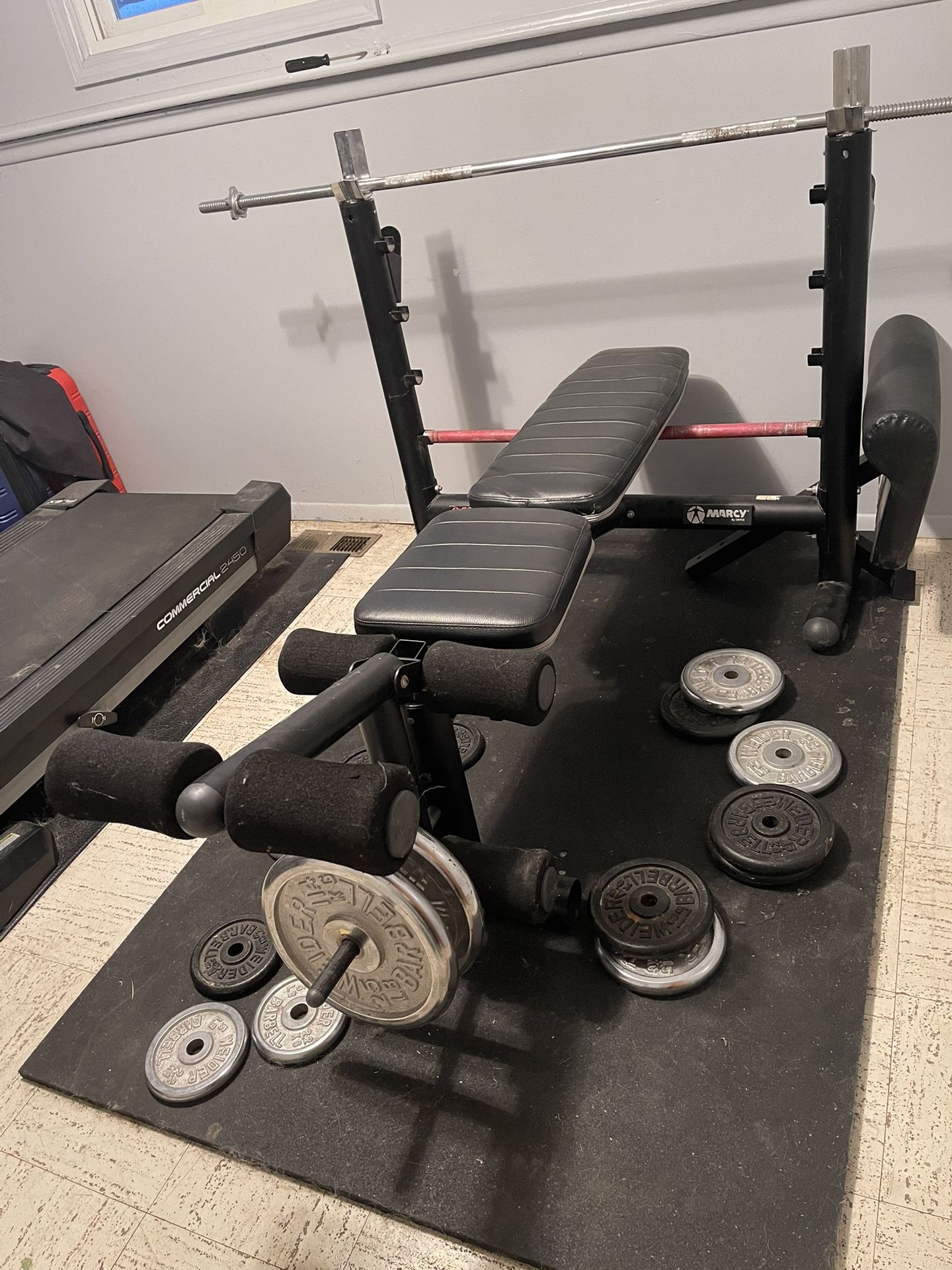Weight Bench With Leg Machine Attachment, Mat And 180 Lbs Of Weights