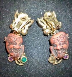 Signed Selro jeweled Red Noh mask dangle earrings circa 60s