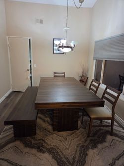 Modern Acacia Dining Table (Expandable to 98") & Matching Dining Bench Set