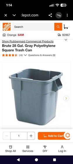 Rubbermaid Brute 28 Gal. Gray Polyethylene Square Trash Can. See description below