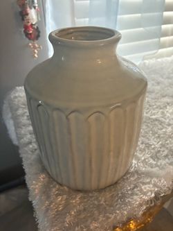 Blueish White Ceramic Ribbed Vase