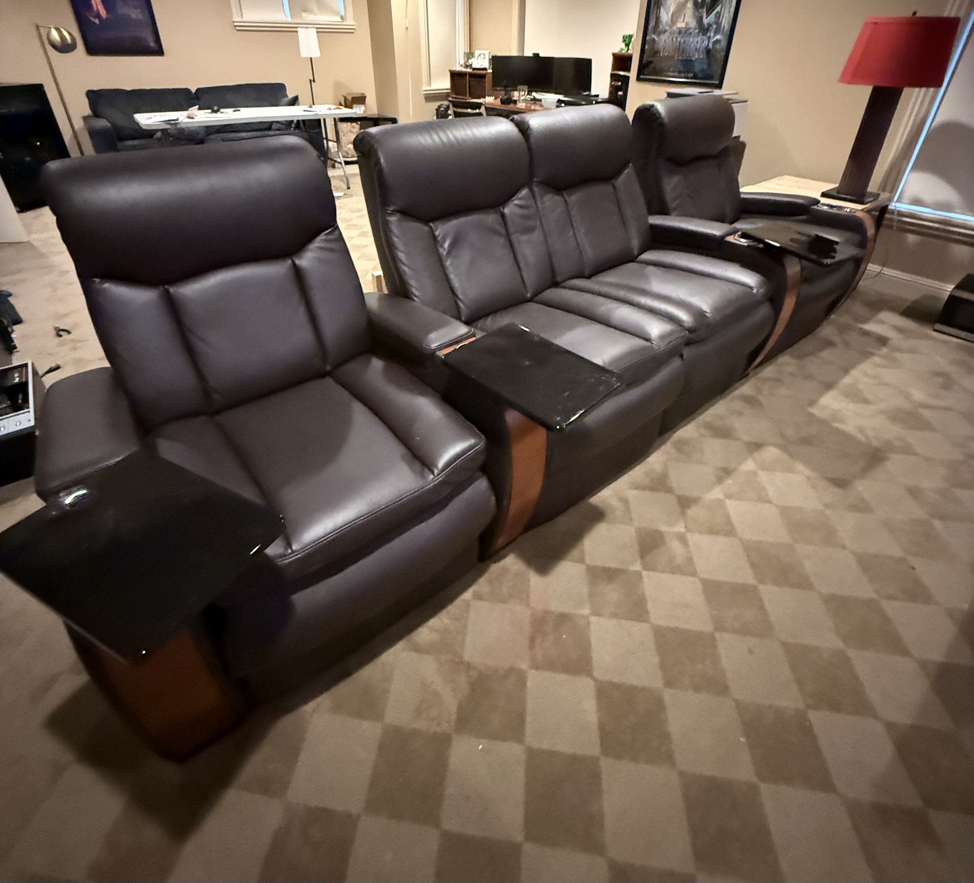 Seatcraft Power Reclining 4-Seat Home Theater Row Leather, Tray Tables, LED Controls, Hidden Storage