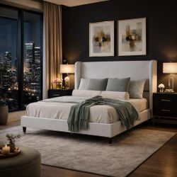 Queen Bed Frame 51.2" Wingback Headboard Linen Upholstered Platform Bed with Solid Wood Legs & Wooden Slats, No Box Spring Needed, Modern Minimalist S