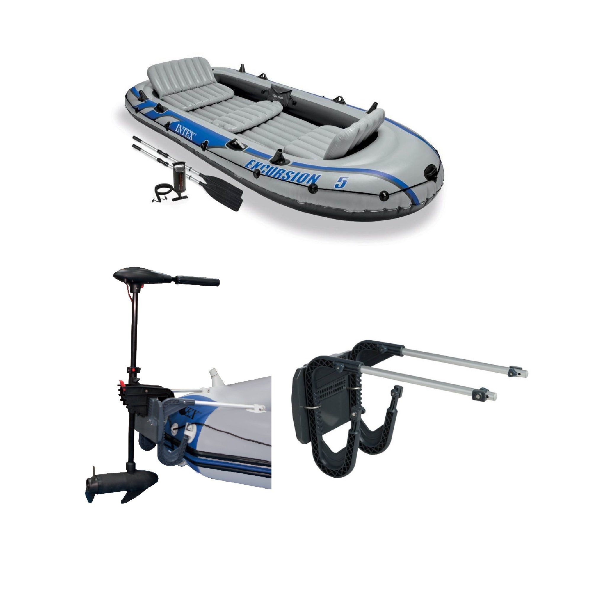 UNUSED 5-Person Inflatable Fishing Boat, Trolling Motor (used), Boat Motor Mount Kit, 2 life jackets, & Pump (used)