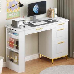 DreamCurship White Desk with 4 Drawers, 47 Inch Computer Desk with File Drawer and Power Outlets