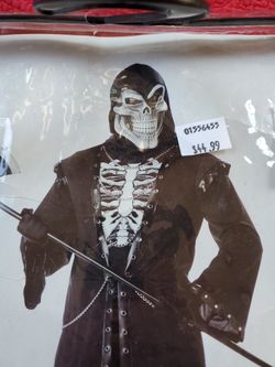Crypt master skeleton black robe hood, with grommets, chain, skull mask L 42-44