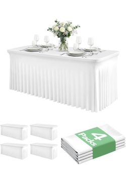 🔥Brand new🔥 4 Pack Spandex Table Cover Skirts for 6ft Rectangle Tables, White Stretch Table Cloths with Floor-Length Ruffle, Elastic Fitted Skirted 
