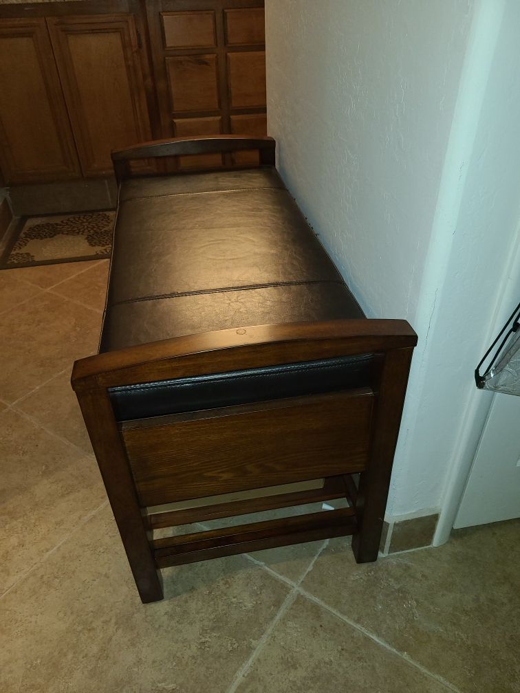 Wood and leather bench with drawer and shelf