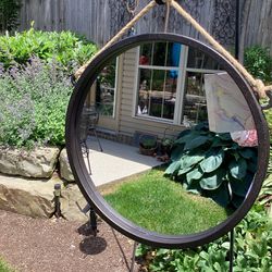 19” Round Mirror w/rope hanging cord - perfect condition, sturdy plastic 19” (see photos)