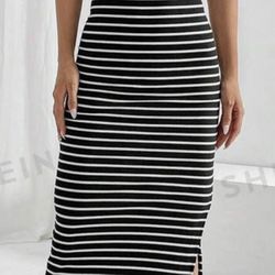 Black White Stripe T Shirt Maxi Dress Small Medium 5/6