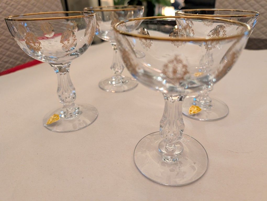 Set of 4 Vintage Tiffin Crystal and Gold Cordial Glasses