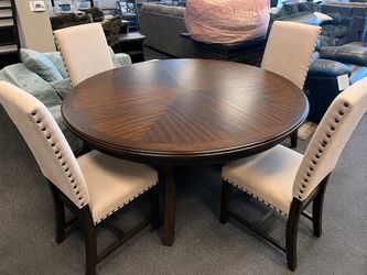Classy estate table set 5pc classic look rich fabric beige farmhouse transitional look was $1499 at Mathis brothers. Save $900 here