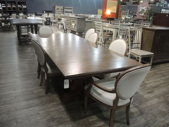Portolone Rectangular Trestle Dining Table with 6 Upholstered Oval-Back Chairs - Rich Walnut Finish