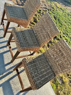 3 Woven Wicker Counter Bar Stools wooden legs