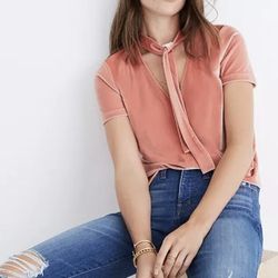 MADEWELL Coral Pink Orange Velvet Tie-Neck Top NEW