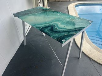 MAYA CAY BLUE GRAPHIC GLASS TOP DESK