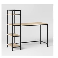 Modern Industrial Desk with Shelves - Black Metal & Light Wood
