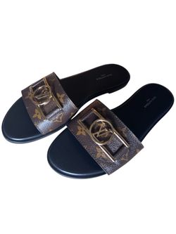 Louis Vuitton Brown Monogram Logo Slide Sandals with Gold Hardware