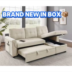 Beige Sectional Couch 🛋️ Brand New In Box 📦 USB port ✅  Pull out bed ✅  Reversible L✅  Side pocket ✅  Storage underneath ✅