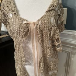 Women vintage crochet sleeveless long cardigan beige- One size All