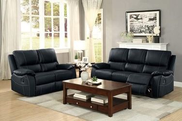 Brand New Black Leather Baseball Stitched Reclining Sofa & Loveseat