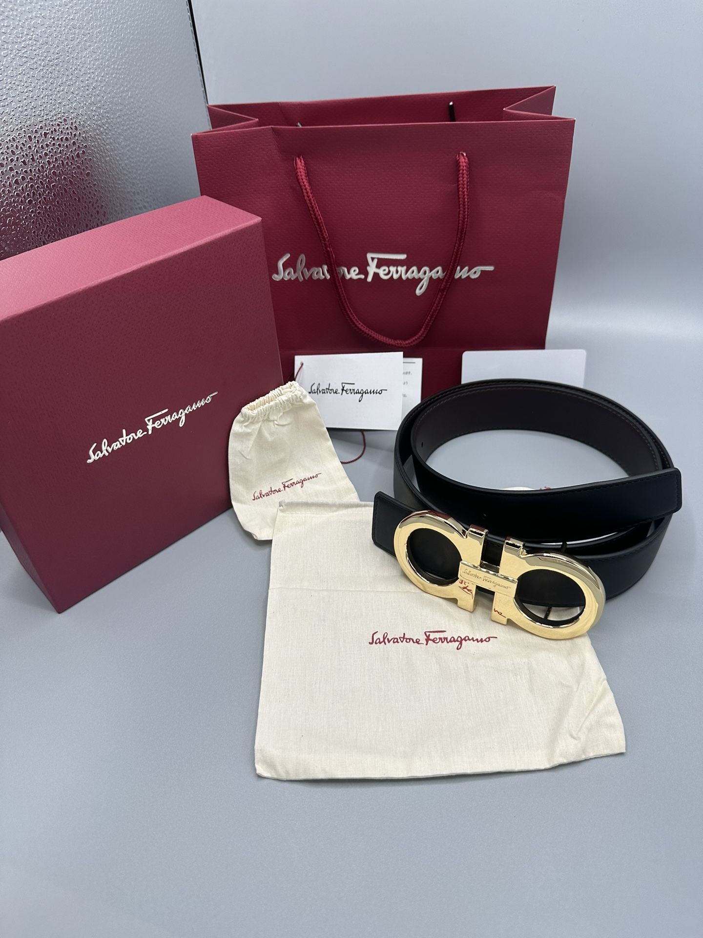 Salvatore Ferragamo Belt For Men Gold Buckle And Smooth Black Leather With Box Tags And Dust Bags Belts Belt buckles