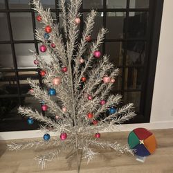 Vintage Aluminum Christmas Tree with Color Wheel & Ornaments 