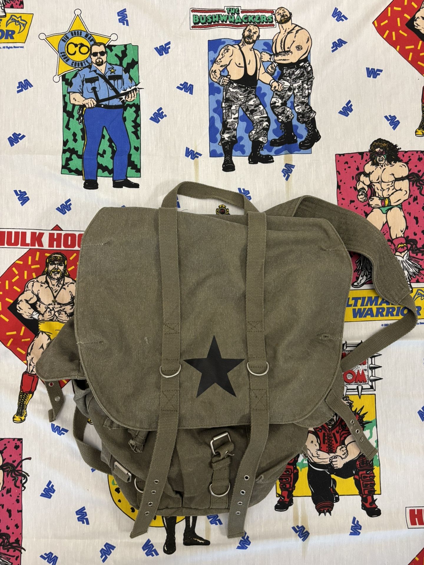 Khaki and Black Canvas Backpack with A Black Star Detail Multiple Pockets Unisex