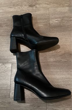 Black Leather Block Heel Ankle Boots