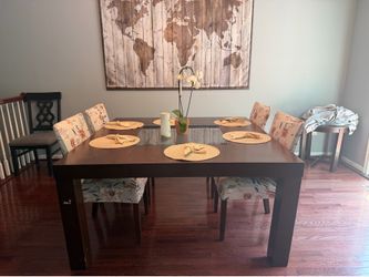 Modern Dark Wood Dining Table with Glass Insert + 4 Upholstered Chairs
