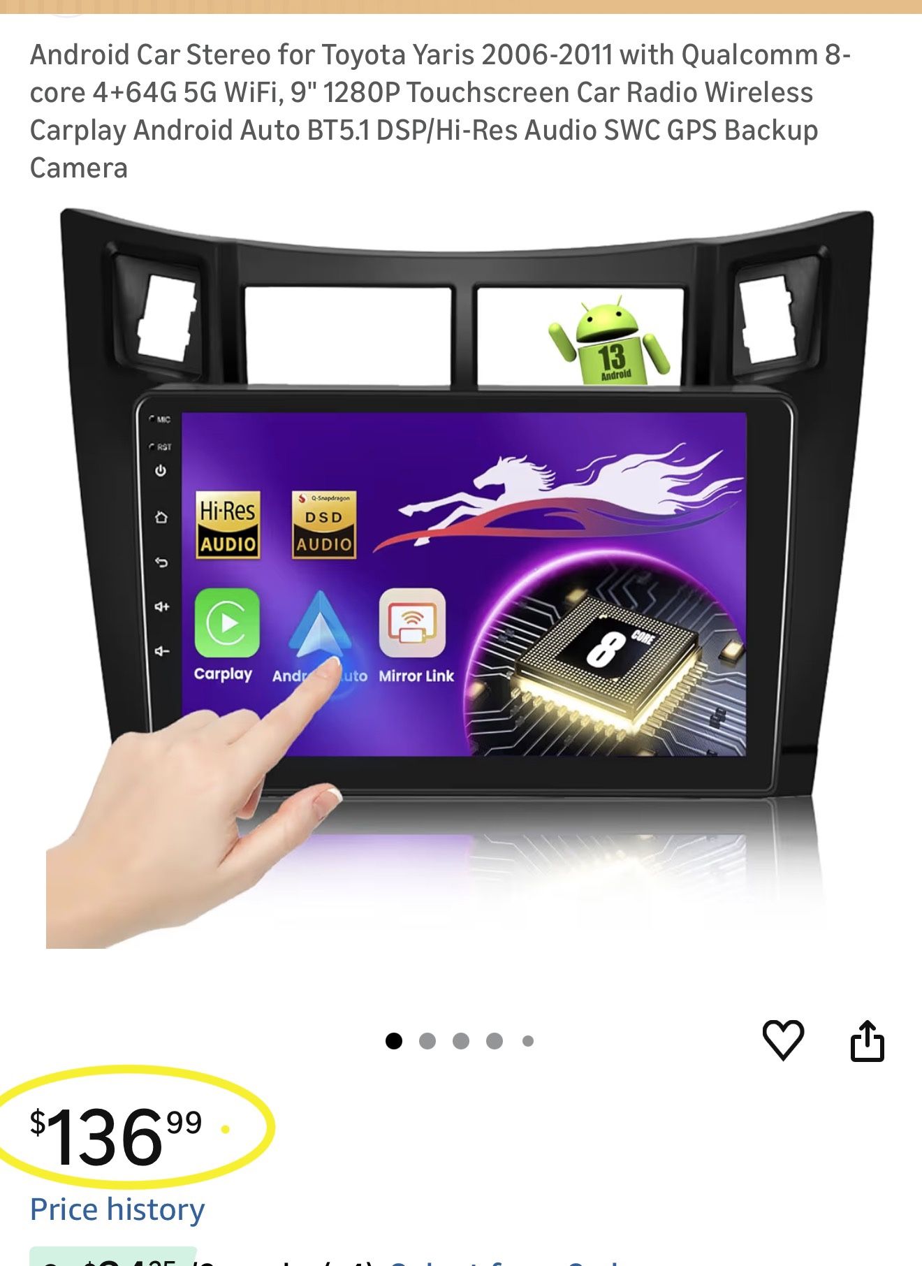 Android Car Stereo for Toyota Yaris 2006-2011 with Qualcomm 8-core 4+64G 5G WiFi, 9" 1280P Touchscreen Car Radio Wireless Carplay Android Auto BT5.1 D