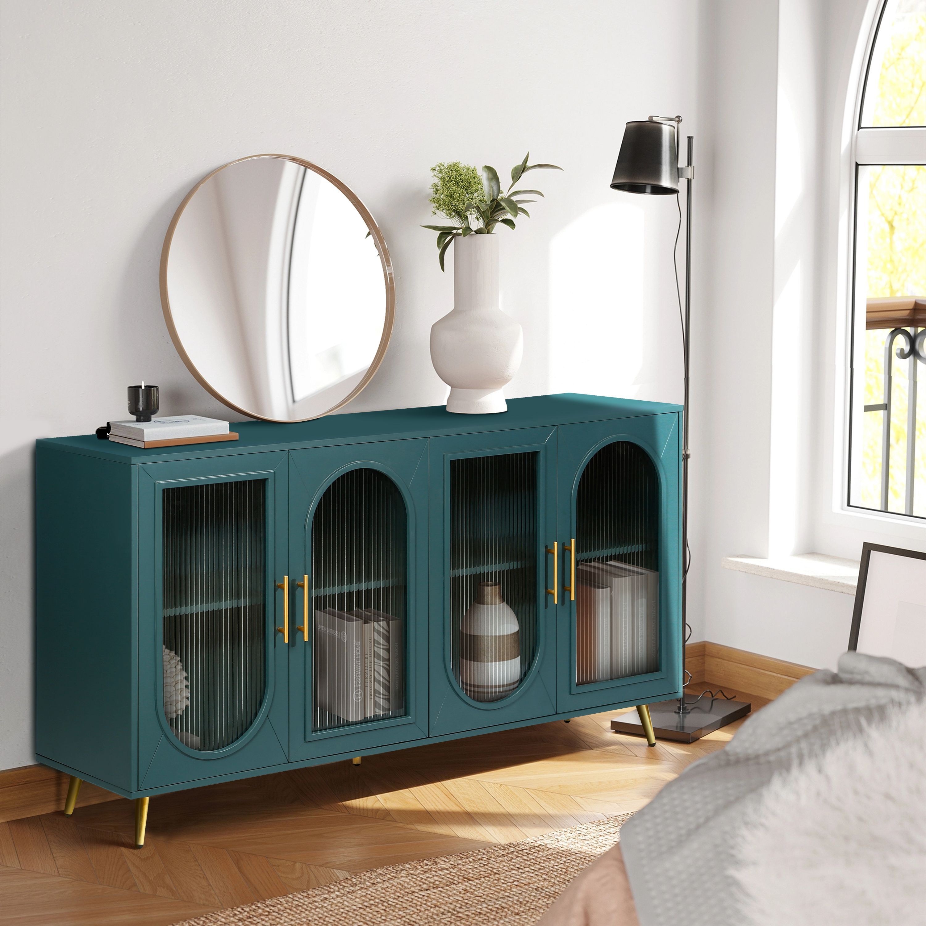 New TV Stand for 65+ Inch TV, Wood TV Stand with Storage Cabinet & Adjustable Shelves, Media TV Console for Living Room Bedroom, Navy Blue
