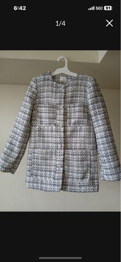 NEW H&M Elegant White Black Silver Pearl Tweed Boucle Coat Jacket Women Size S-M