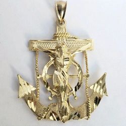 Big real 14k gold Jesus crucifix Anchor pendant charm necklace mariner 2 inch