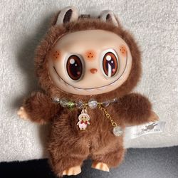 Labubu Music And Light Up Plush Keychain - Exciting Macaron Dark Brown + Bracelet Accessory 