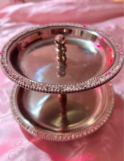 2-Tier Silver Metal Jewelry Tray with Rhinestones