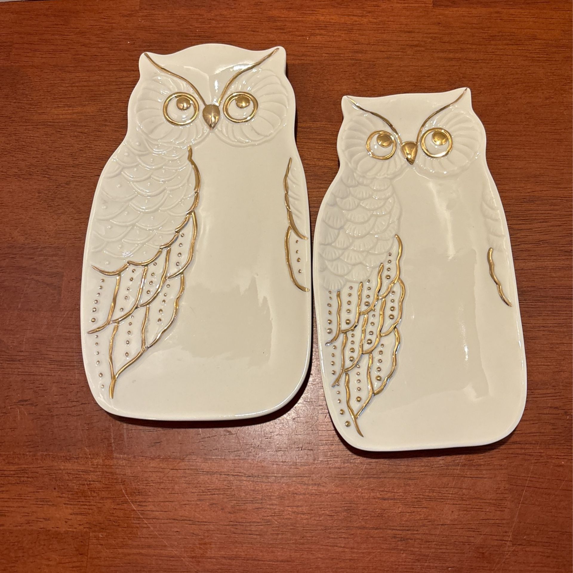 Lenox Owl Treat 2 Piece Plate Set Ivory Fine China & Gold Accented 9“ X 5“ And 8“ X 4 1/2“  S3
