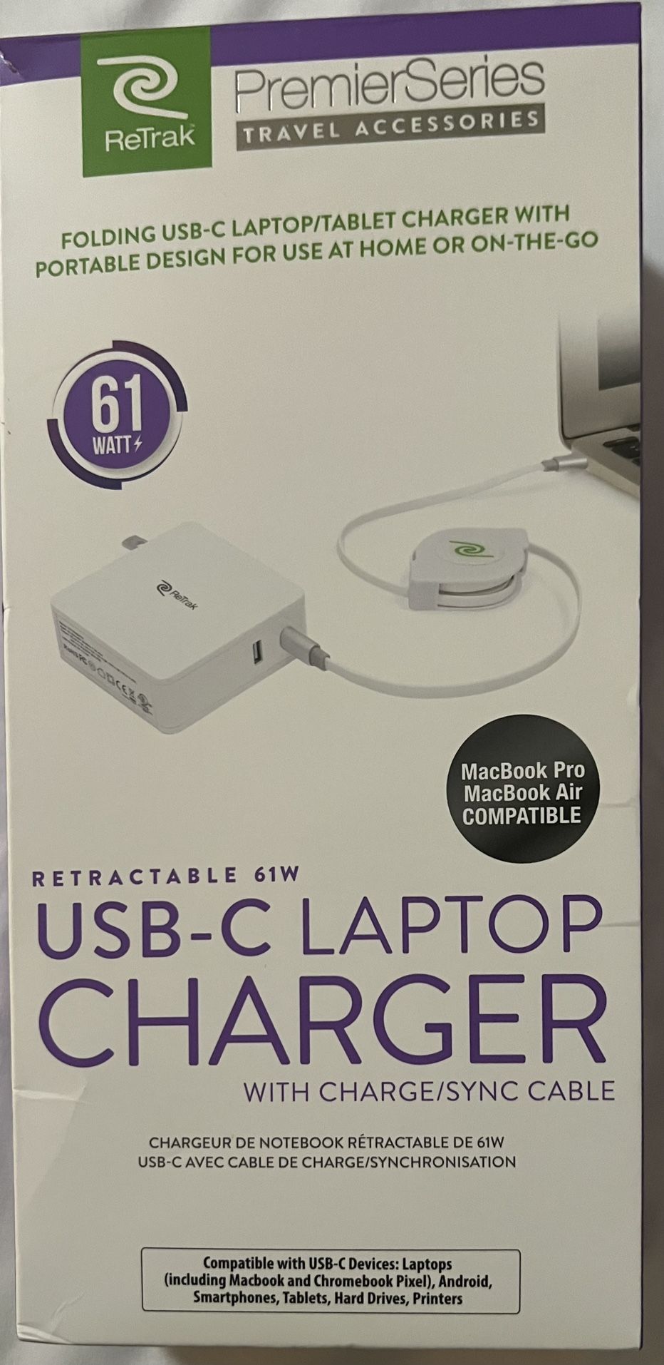 ReTrak - 61W Retractable USB-C Notebook Charger - White