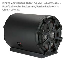 KICKER 46CWTB104 TB10 10-inch Loaded Weather-Proof Subwoofer Enclosure w/Passive Radiator - 4-Ohm, 400 Watt