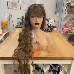 Human hair blend caramel brown wig with bang. for Sale in  display picture 3